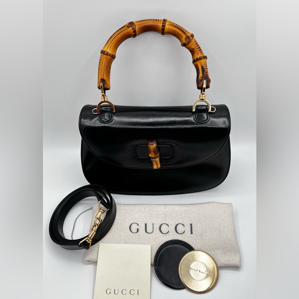 Gucci Bambou 3 Ways Shoulder,Crossbody,Handle Black Leather Calfskin (Cowhide)